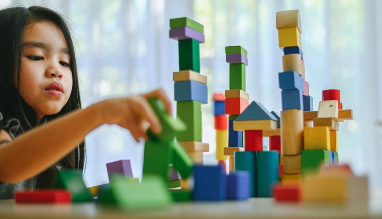 Little Girl In A Colorful Shirt Playing With Construction Toy Bl